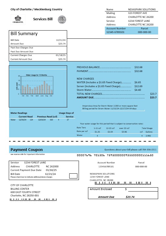 USA North Carolina City of Charlotte water business utility bill template in Word and PDF formats